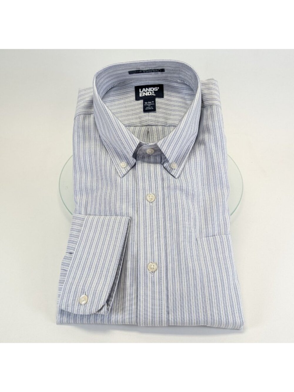Lands End Mens Supima No Iron Oxford Shirt 16-36T Blue Stripe Traditional Fit